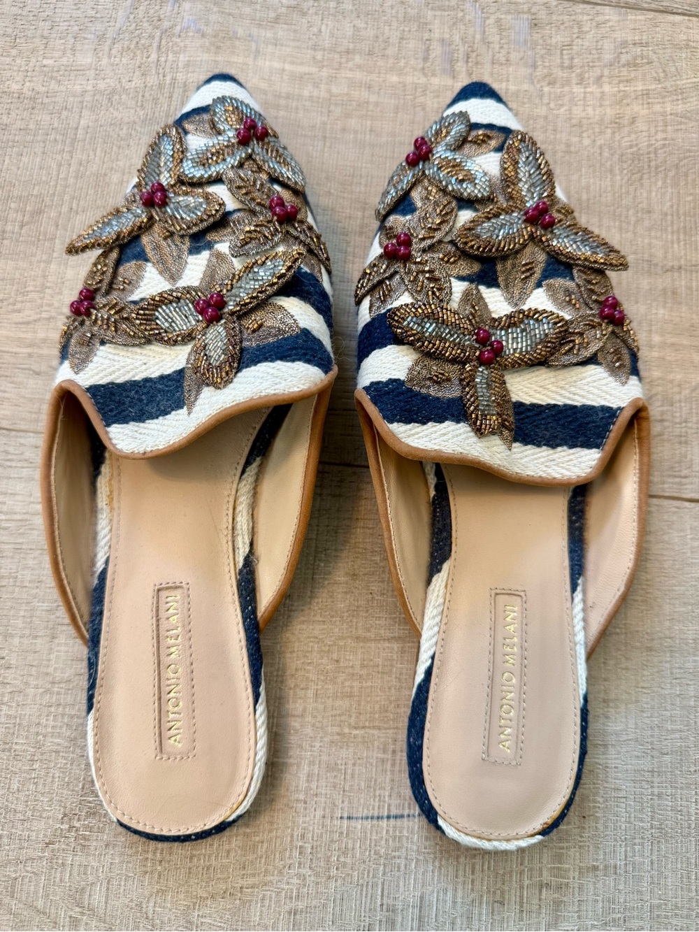 Antonio Melani Lex Beaded Floral Striped Mules Navy Ivory Size 8M